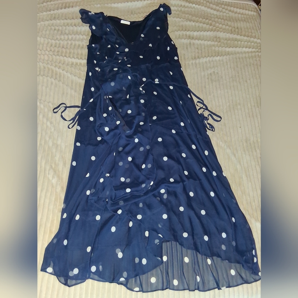 Navy Blue Polka Dot V-Neck Maxi Wrap Around Dress